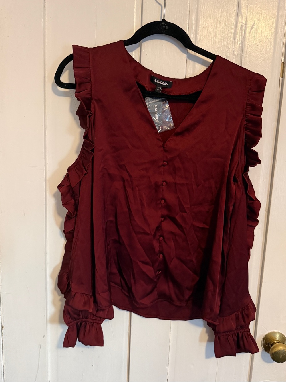 Express Women's Burgundy Ruffle Sleeve Button-Front Top